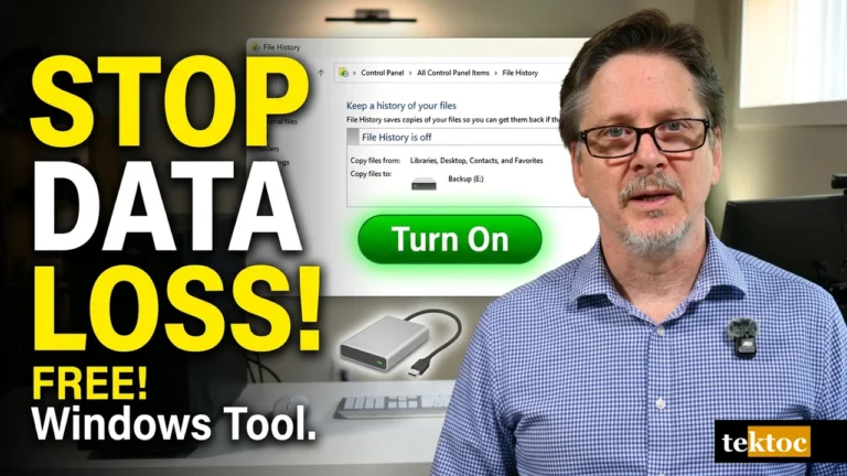 Video thumbnail showing a man in a blue plaid shirt next to large text reading 'STOP DATA LOSS! FREE! Windows Tool.' and a Windows File History window with a green 'Turn On' button.