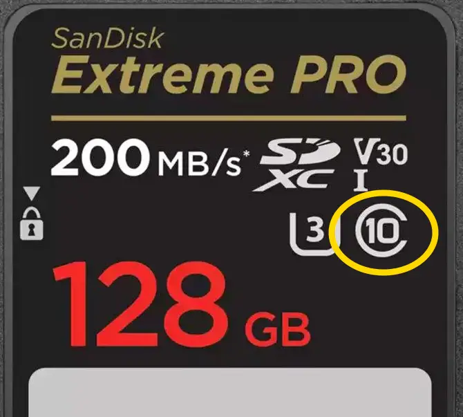 SanDisk SD Card With C Speed Rating Highlighted