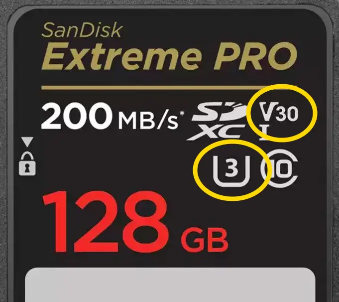 SanDisk SD Card With U and V Speed Rating Highlighted