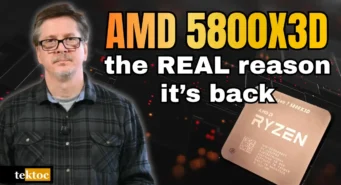 Graeme@tektoc on a dark background with text reading "AMD 5800X3D: the REAL reason it's back.