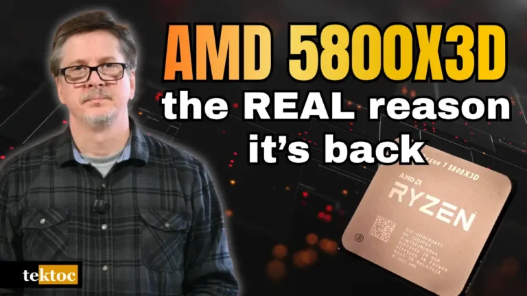 Graeme@tektoc on a dark background with text reading "AMD 5800X3D: the REAL reason it's back.