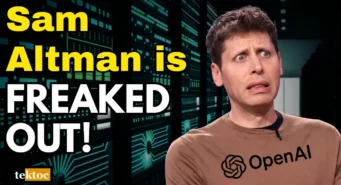 Sam Altman looking startled in front of a server room background, with "Sam Altman is FREAKED OUT!" text and the tektoc logo, illustrating an AI security incident at OpenAI