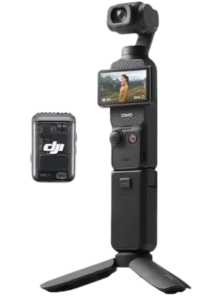 The DJI Osmo pocket 3 Creator Combo showing the added battery handle, mini tripod and Mic 2 wireless lavalier mic. Image from DJI and modified by tektoc.