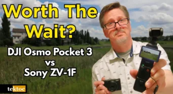 DJI Osmo Pocket 3 vs Sony ZV-1F thumbnail showing Graeme@tektoc holding both cameras outdoors.