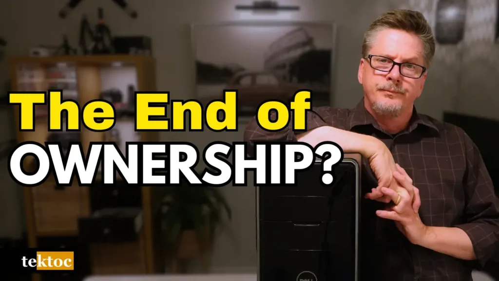 Tektoc host leaning on a PC tower beside bold text reading "The End of Ownership?" — thumbnail for the why is RAM so expensive video.