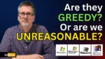 tektoc host beside the question "Are they greedy? Or are we unreasonable?" with Windows 7, XP, 98 and early Windows logos, illustrating planned obsolescence