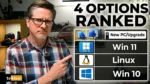 tektoc host pointing to a graphic ranking the four Windows 10 end of support options: new PC or upgrade, Windows 11, Linux, and Windows 10