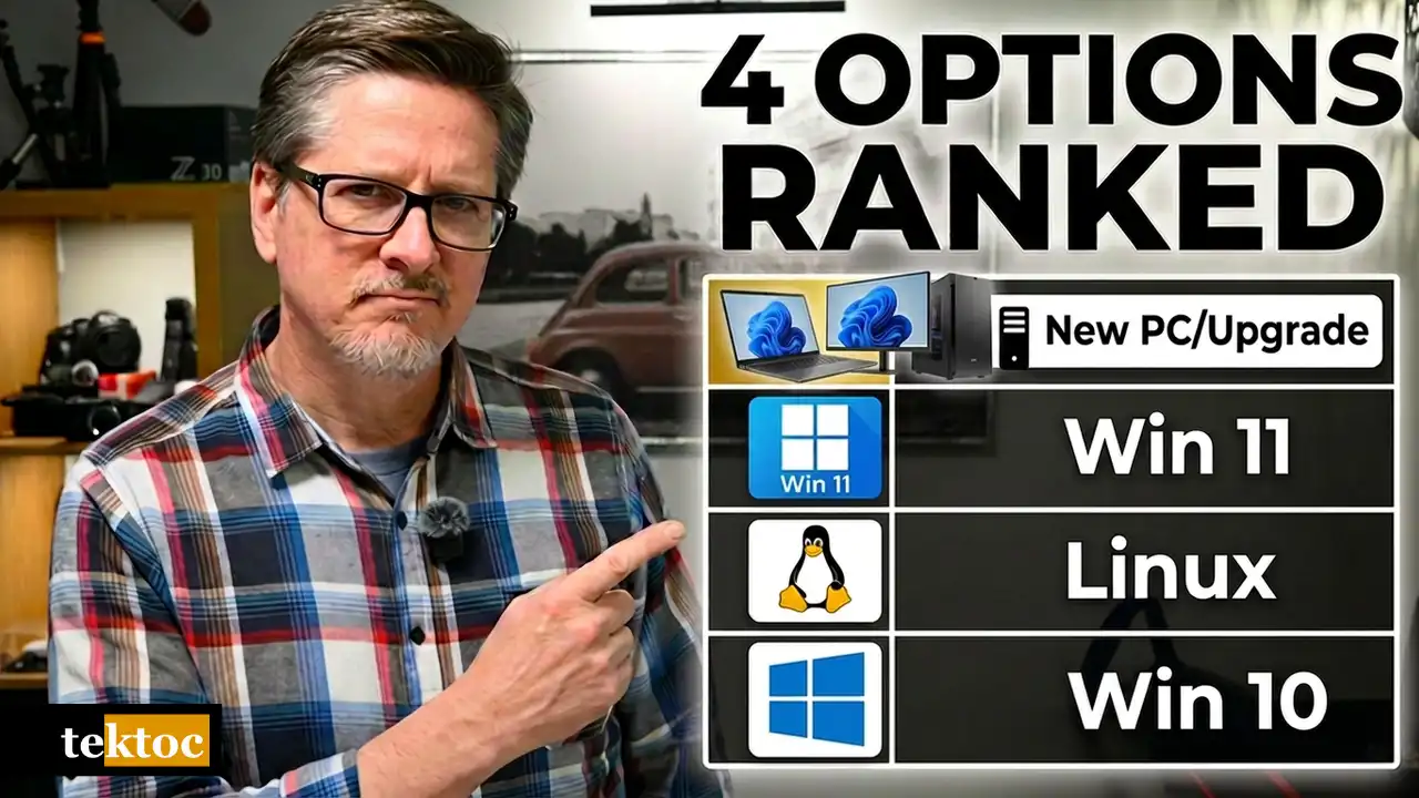 tektoc host pointing to a graphic ranking the four Windows 10 end of support options: new PC or upgrade, Windows 11, Linux, and Windows 10