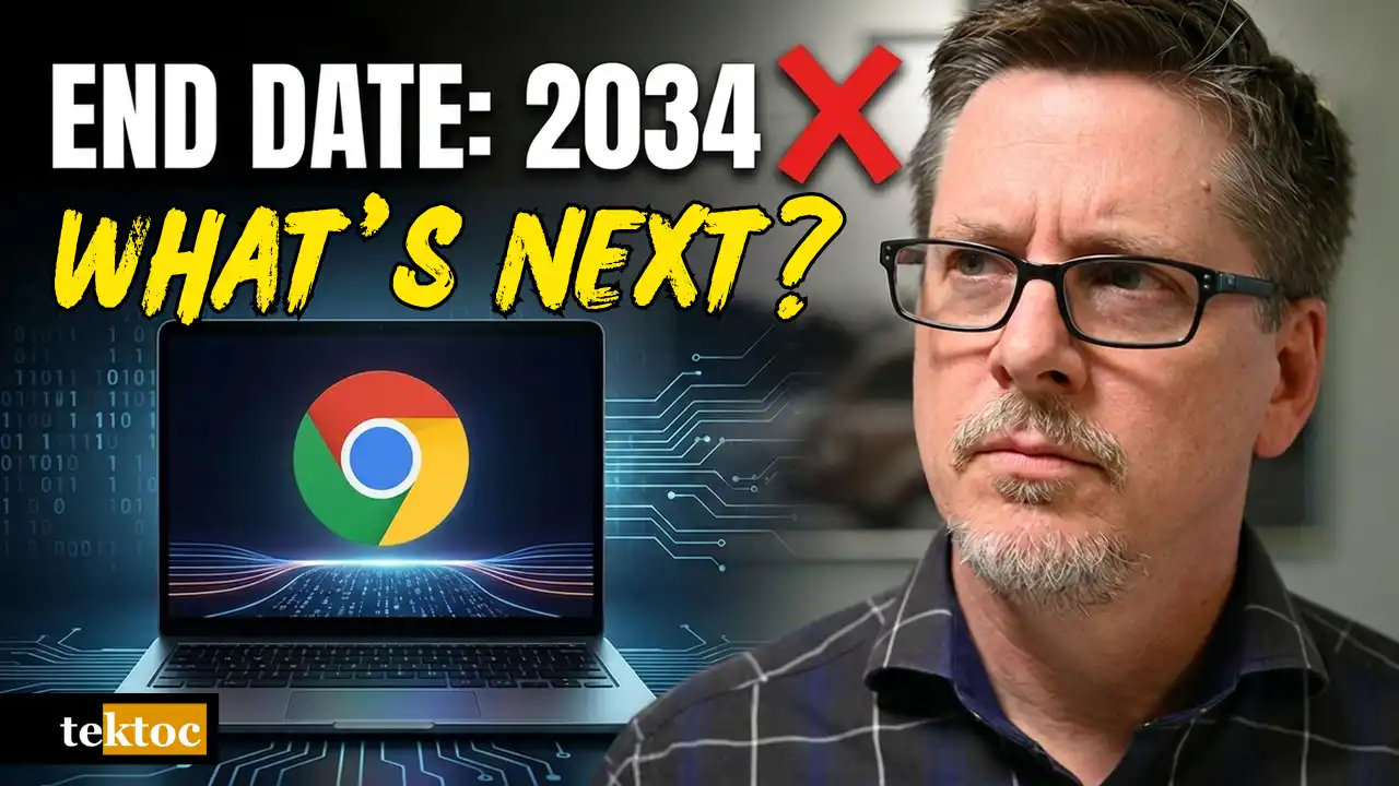 Graeme from tektoc beside a laptop showing the Chrome logo, with the text "End Date: 2034 – What's Next?"