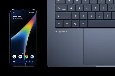 An Android phone displaying the home page next to a Googlebook laptop. Image belongs to Google, from the site 'googlebook.google'.
